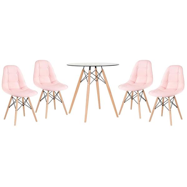 Kit - Mesa De Vidro Eames 70 Cm + 4 Cadeiras Estofadas Eiffel