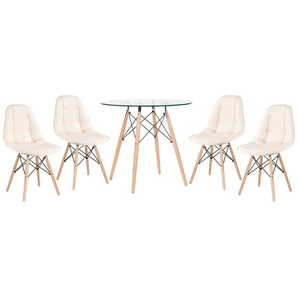 Kit - Mesa De Vidro Eames 80 Cm + 4 Cadeiras Estofadas Eiffel