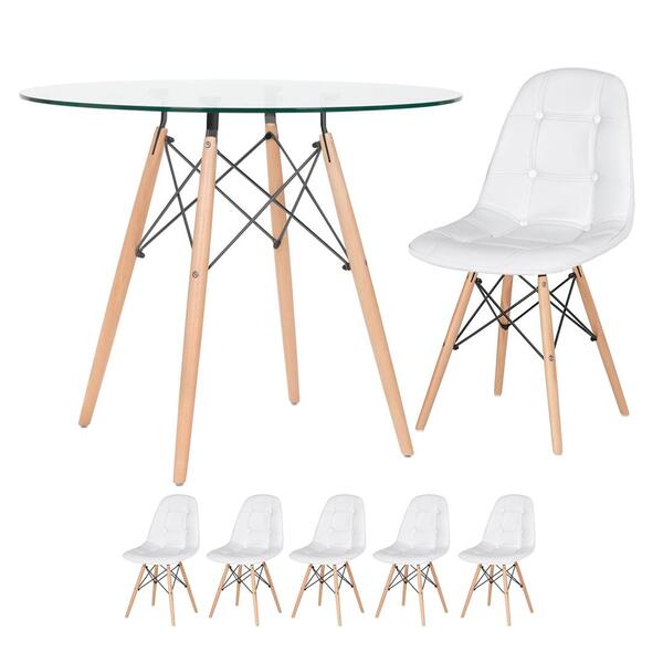 Kit - Mesa De Vidro Eames 90 Cm + 5 Cadeiras Estofadas Botonê