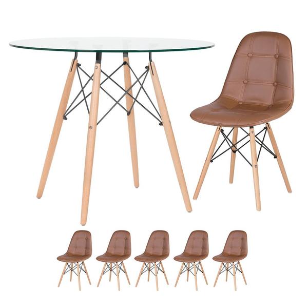 Kit - Mesa De Vidro Eames 90 Cm + 5 Cadeiras Estofadas Botonê