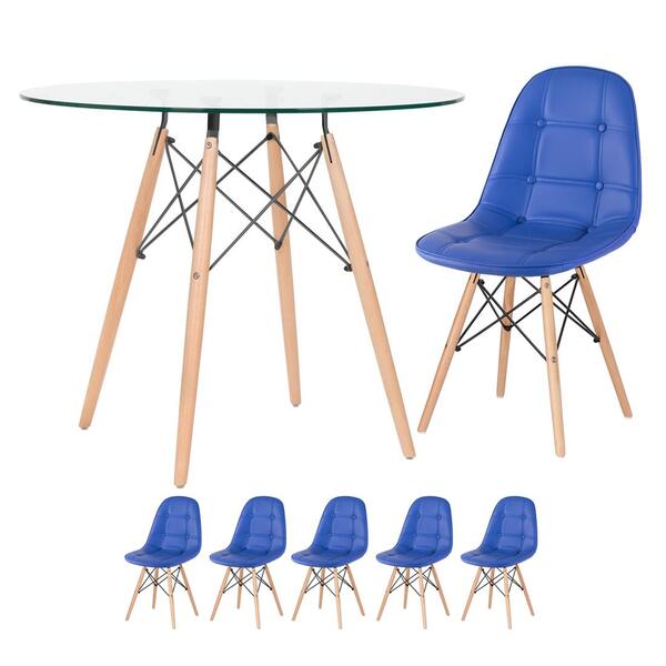 Kit - Mesa De Vidro Eames 90 Cm + 5 Cadeiras Estofadas Botonê