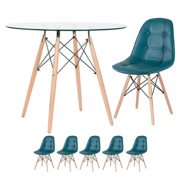 Kit - Mesa De Vidro Eames 90 Cm + 5 Cadeiras Estofadas Botonê