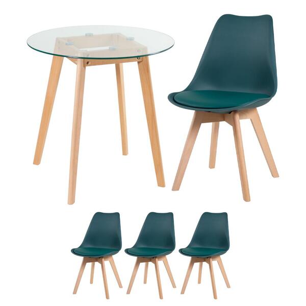 Kit - Mesa De Vidro Leda 70 Cm + 3 Cadeiras Estofadas Leda Ve