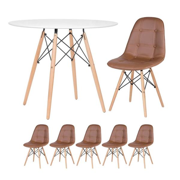 Kit - Mesa Eames 90 Cm Branco + 5 Cadeiras Estofadas Eiffel B