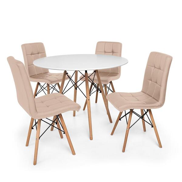 Kit Mesa Jantar Eiffel 120cm Branca + 04 Cadeiras Gomos - Nude