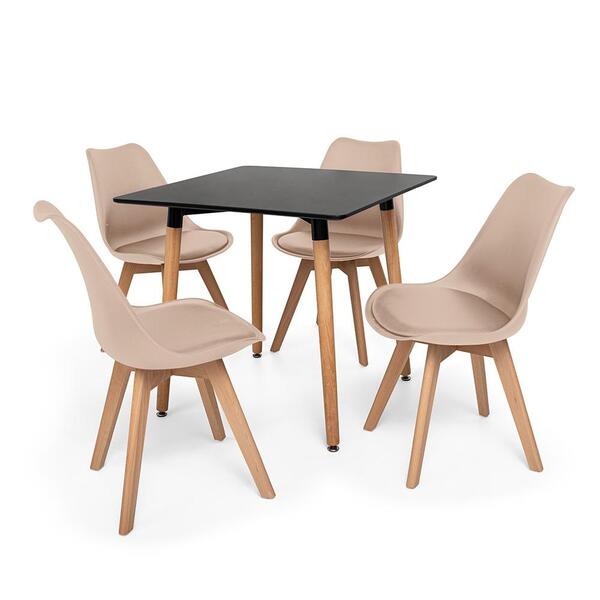 Kit Mesa Jantar Eiffel 80x80 Preta + 04 Cadeiras Leda - Nude