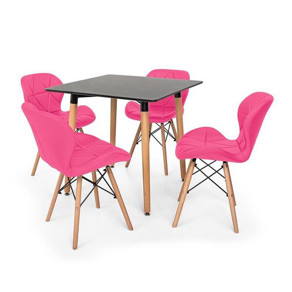 Kit Mesa Jantar Eiffel 80x80cm Preta + 04 Cadeiras Slim - Rosa