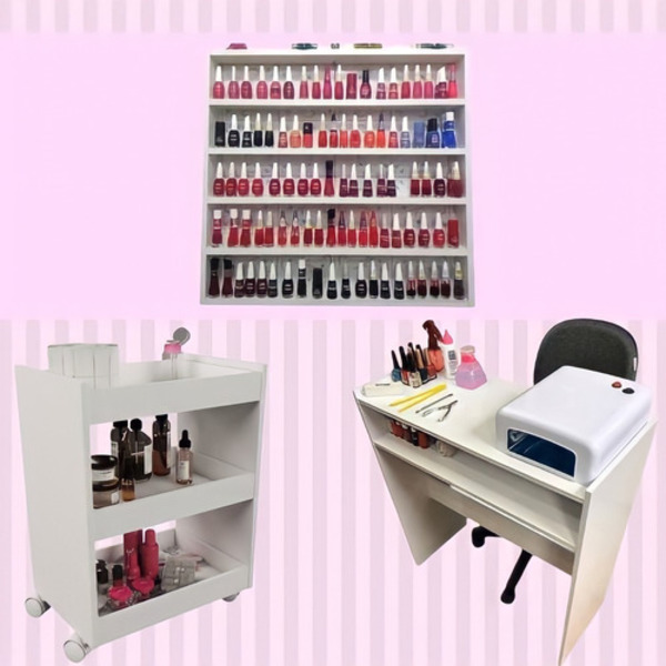 Kit Mesa Manicure 80cm C/prateleira + Expositor De Esmaltes