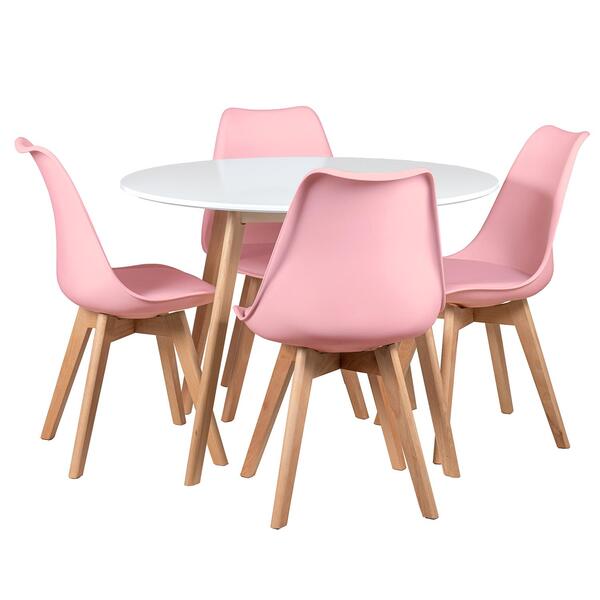 Kit - Mesa Redonda 100 Cm Branco + 4 Cadeiras Leda Rosa Claro