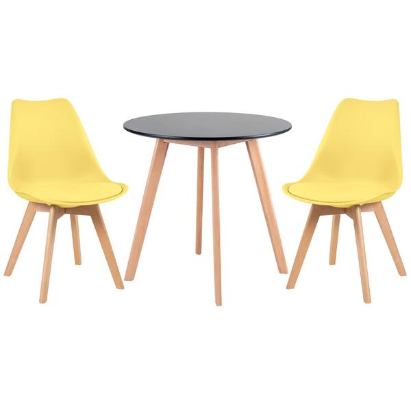 Kit - Mesa Redonda 70 Cm Preto + 2 Cadeiras Leda Amarelo