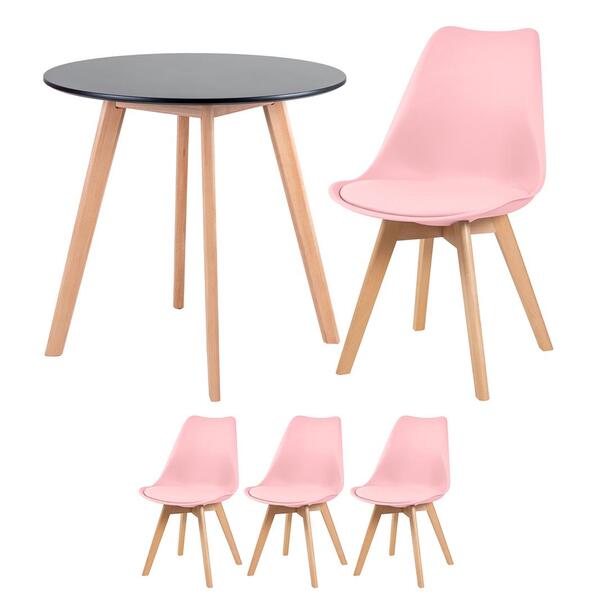 Kit - Mesa Redonda 70 Cm Preto + 3 Cadeiras Leda Rosa Claro
