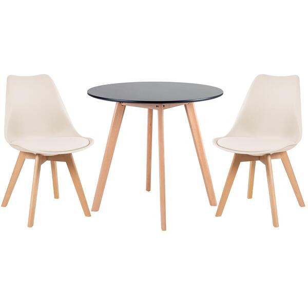 Kit - Mesa Redonda 80 Cm Preto + 2 Cadeiras Leda Creme