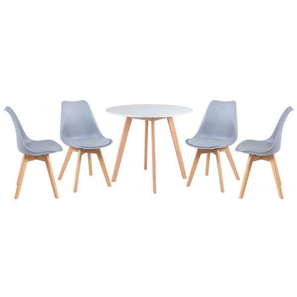 Kit - Mesa Redonda 90 Cm Branco + 4 Cadeiras Leda Cinza Claro