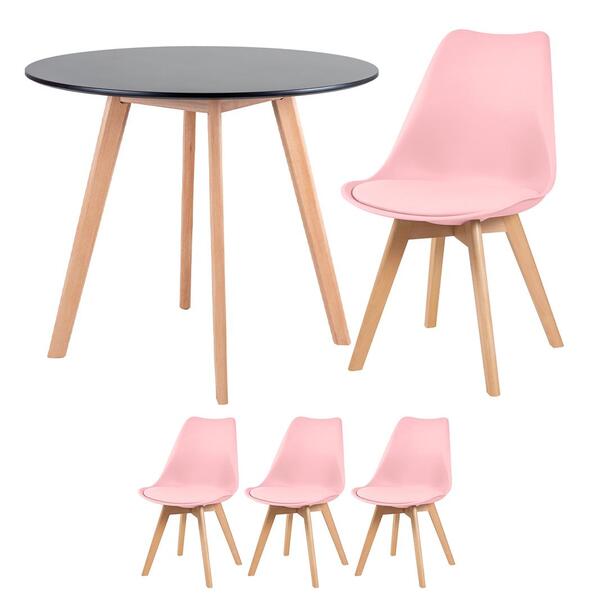 Kit - Mesa Redonda 90 Cm Preto + 3 Cadeiras Leda Rosa Claro