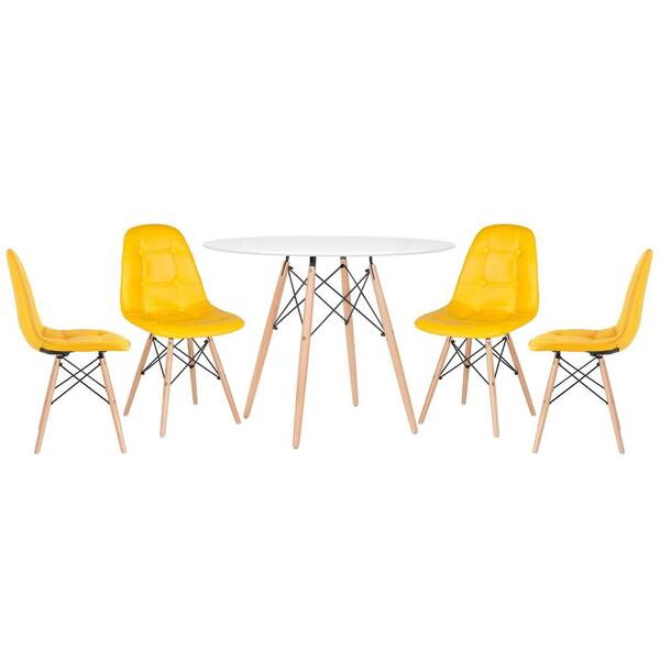 Kit - Mesa Redonda Eames 100 Cm Branco + 4 Cadeiras Estofadas