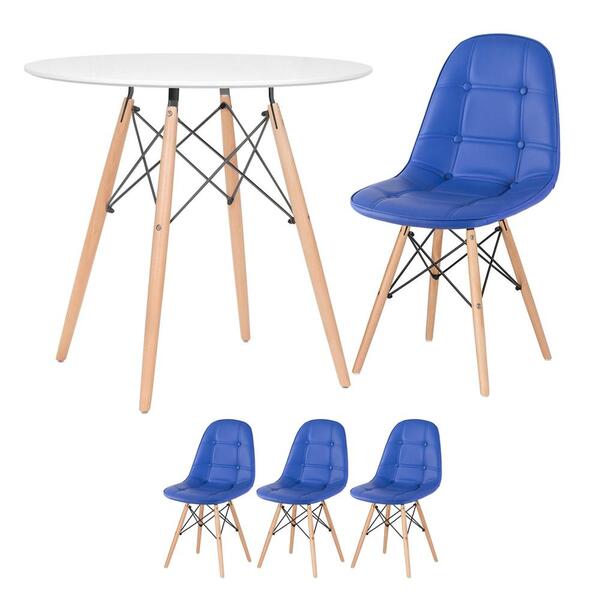 Kit - Mesa Redonda Eames 80 Cm Branco + 3 Cadeiras Estofadas