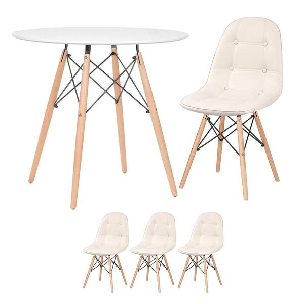 Kit - Mesa Redonda Eames 80 Cm Branco + 3 Cadeiras Estofadas