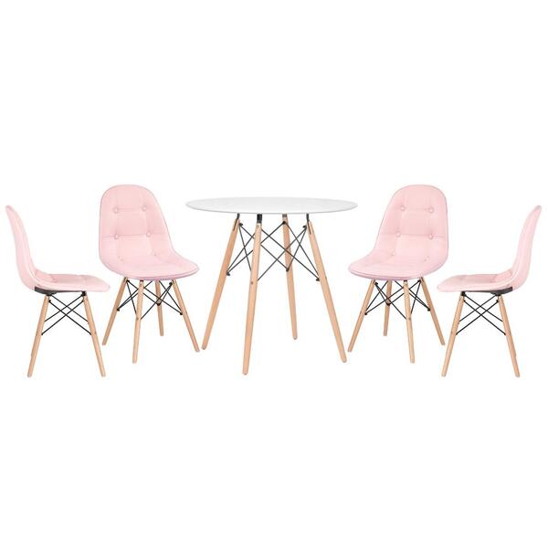 Kit - Mesa Redonda Eames 80 Cm Branco + 4 Cadeiras Estofadas