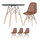 Kit - Mesa Redonda Eames 80 Cm Preto + 3 Cadeiras Estofadas E