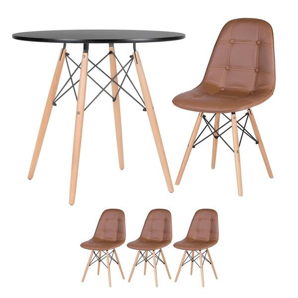 Kit - Mesa Redonda Eames 80 Cm Preto + 3 Cadeiras Estofadas E