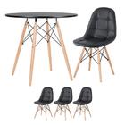 Kit - Mesa Redonda Eames 80 Cm Preto + 3 Cadeiras Estofadas E