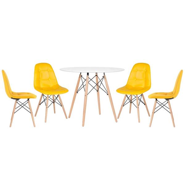 Kit - Mesa Redonda Eames 90 Cm Branco + 4 Cadeiras Estofadas