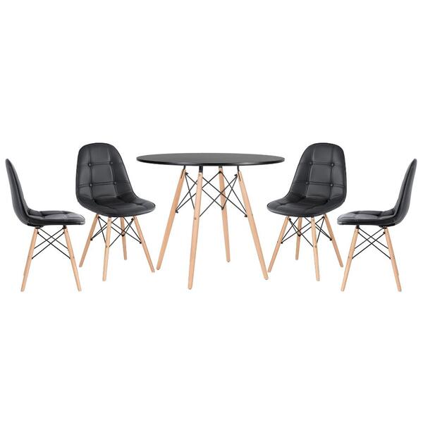 Kit - Mesa Redonda Eames 90 Cm Preto + 4 Cadeiras Estofadas E