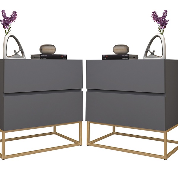 Kit Mesas De Cabeceira Eros Cinza Com Base De Ferro Dourado P