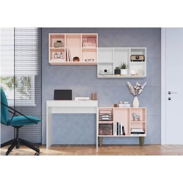 Kit Modulado Home Office 4 Peças 3 Estantes Nichos Com Escriv