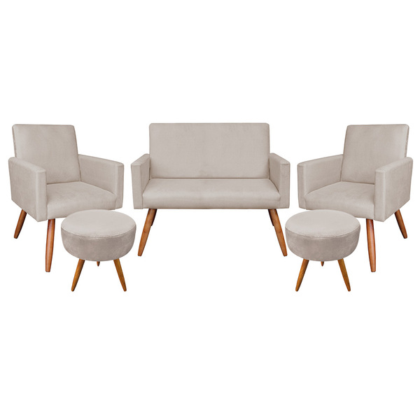 Kit Namoradeira 2 Poltronas E 2 Puffs Redondo Nina Suede Pés