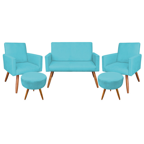 Kit Namoradeira 2 Poltronas E 2 Puffs Redondo Nina Veludo Azu