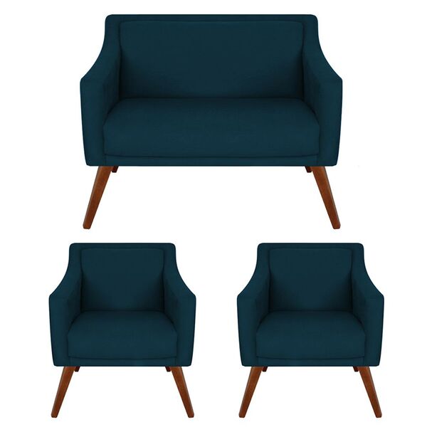 Kit Namoradeira + 02 Poltronas Decorativa Gabriela Suede Azul