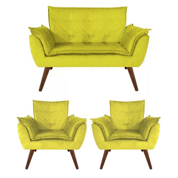 Kit Namoradeira + 02 Poltronas Decorativa Opalla Suede Amarel