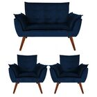 Kit Namoradeira + 02 Poltronas Decorativa Opalla Suede Azul M