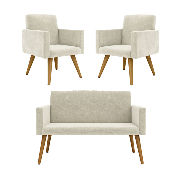 Kit Namoradeira + 02 Poltronas Decorativas Nina Promoção Bege