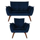 Kit Namoradeira + 1 Poltrona Decorativa Opalla Suede Azul Mar