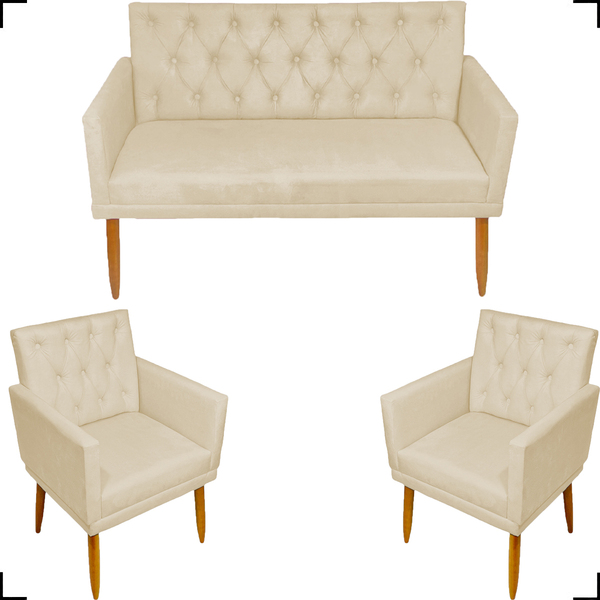 Kit Namoradeira + 2 Poltronas Decorativas Para Sala Nina Com