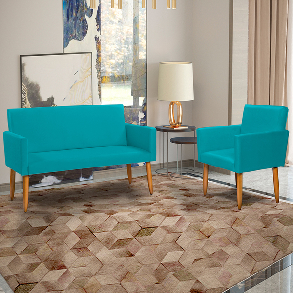 Kit Namoradeira + Poltrona Para Sala Decorativa Nina Suede Az