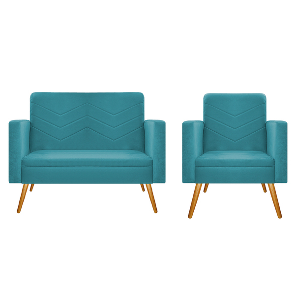 Kit Namoradeira E 01 Poltrona Bella Pés Palito Mel Suede Azul