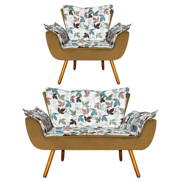 Kit Namoradeira E 01 Poltrona Opala Folhas D68 E Veludo Ouro