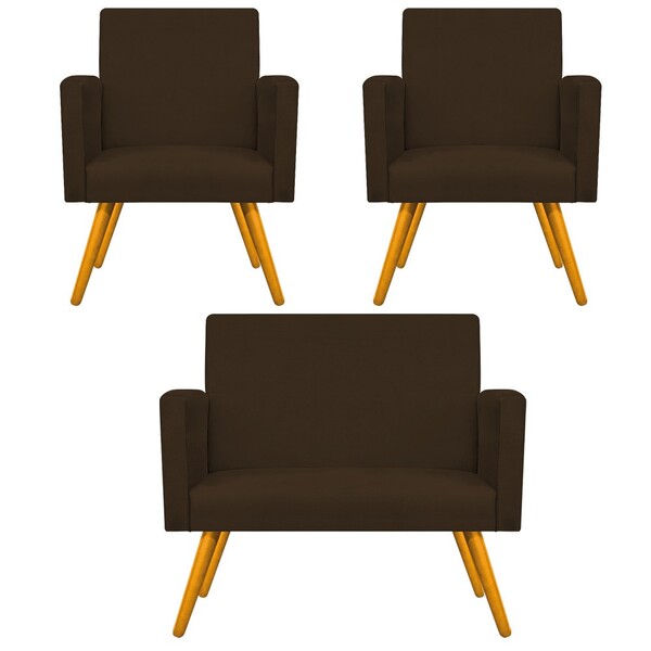 Kit Namoradeira E 02 Poltronas Beatriz Palito Mel Suede Marro
