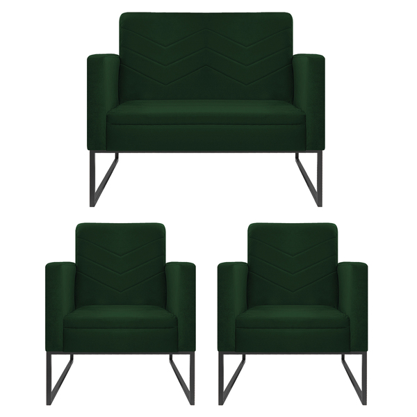 Kit Namoradeira E 02 Poltronas Bella Base De Ferro Preta Sued