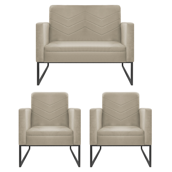 Kit Namoradeira E 02 Poltronas Bella Base De Ferro Preta Sued