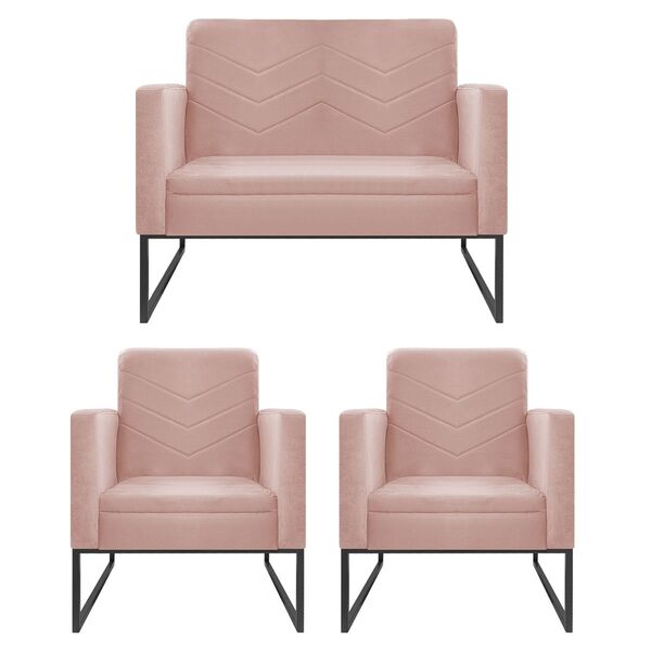 Kit Namoradeira E 02 Poltronas Bella Base De Ferro Preta Sued