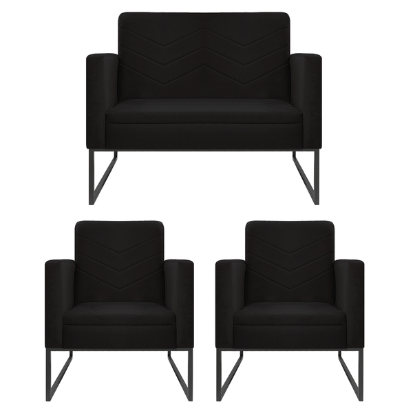 Kit Namoradeira E 02 Poltronas Bella Base De Ferro Preta Sued