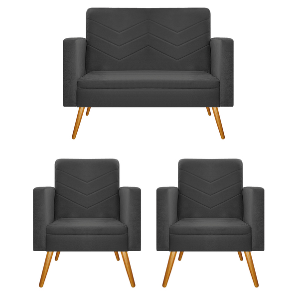 Kit Namoradeira E 02 Poltronas Bella Pés Palito Mel Linho - A