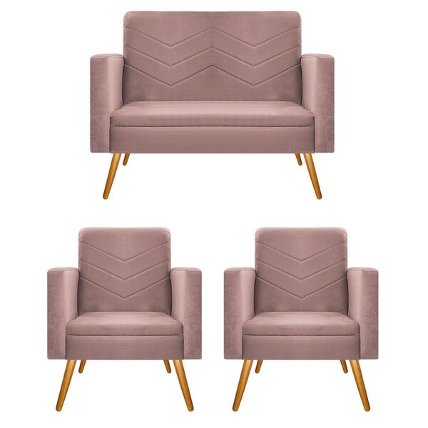 Kit Namoradeira E 02 Poltronas Bella Pés Palito Mel Linho - A