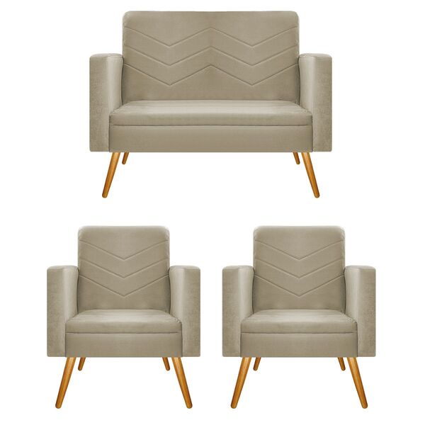 Kit Namoradeira E 02 Poltronas Bella Pés Palito Mel Linho - D