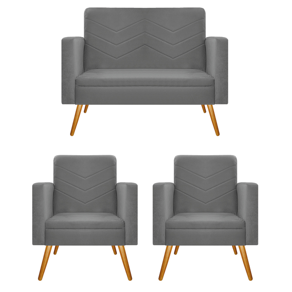 Kit Namoradeira E 02 Poltronas Bella Pés Palito Mel Suede - A