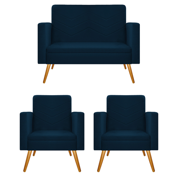 Kit Namoradeira E 02 Poltronas Bella Pés Palito Mel Suede Azu